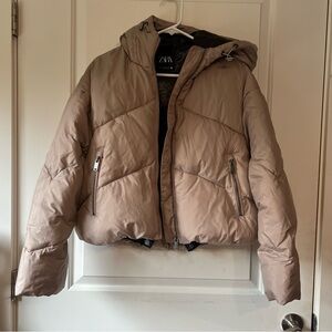Zara Taupe Puffer Jacket with Hood